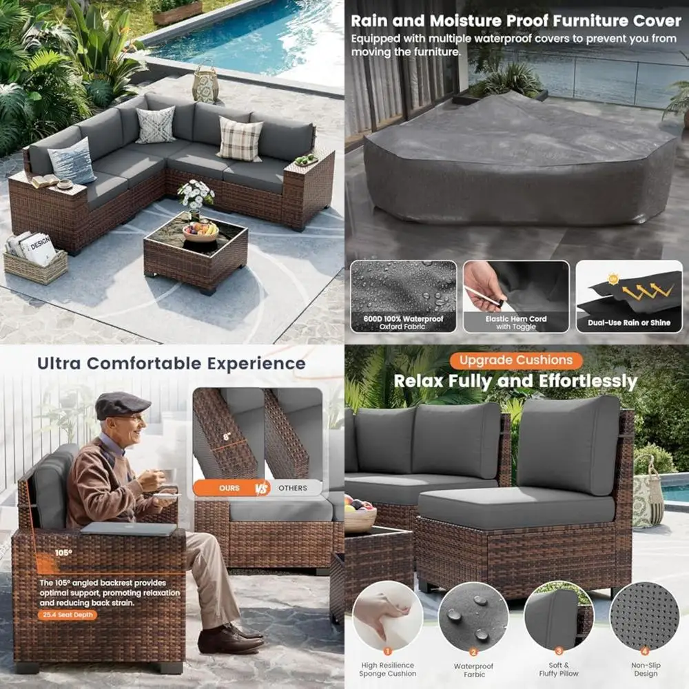Conjunto de sofá secional externo com apoio de braço de 8 polegadas, móveis de conversa de vime de 6 peças para pátio