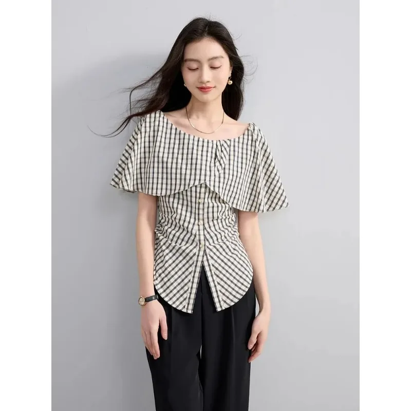 Womens Black White Gingham Off Shoulder Ruffle Short Sleeve Blouse