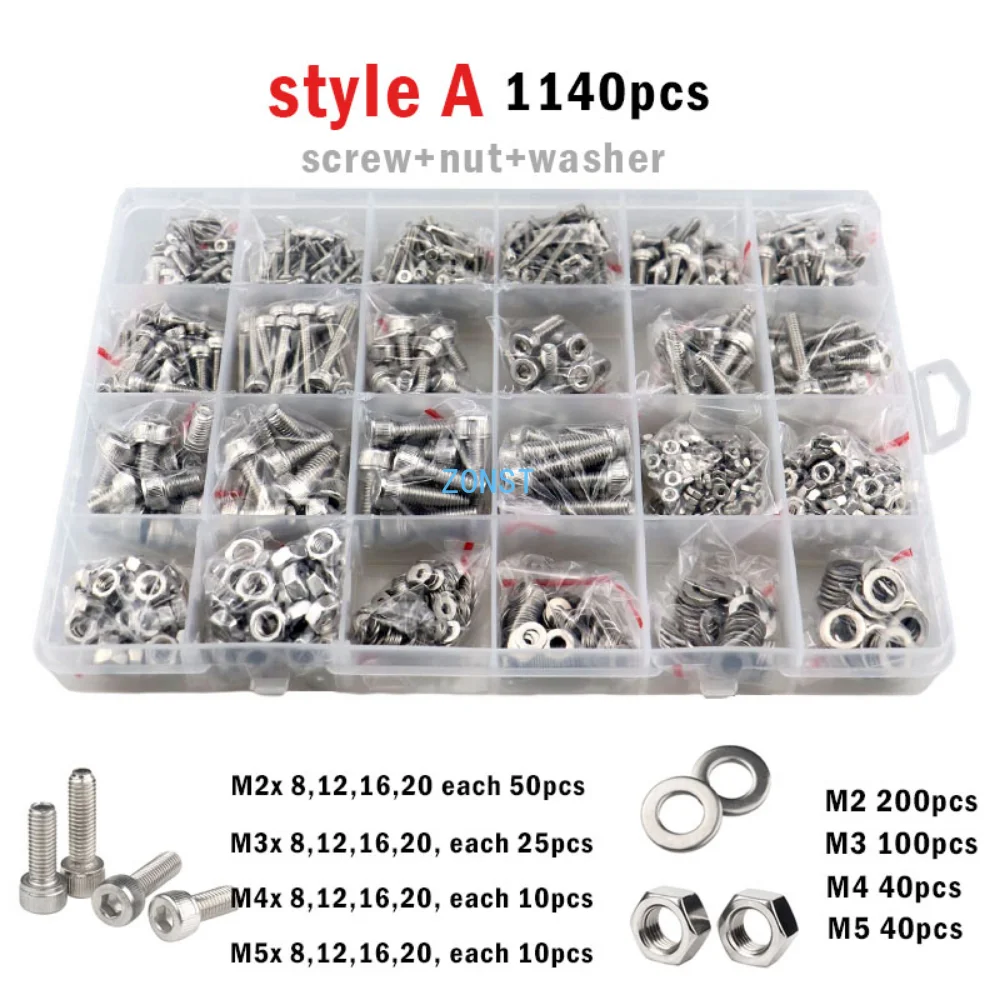 2100-250pcs M1.6 M2 M3 M4 M5 304 Stainless Steel Allen Hexagon Hex Socket Cap Button Head Screw Bolt Nut Set Assortment Kit Box