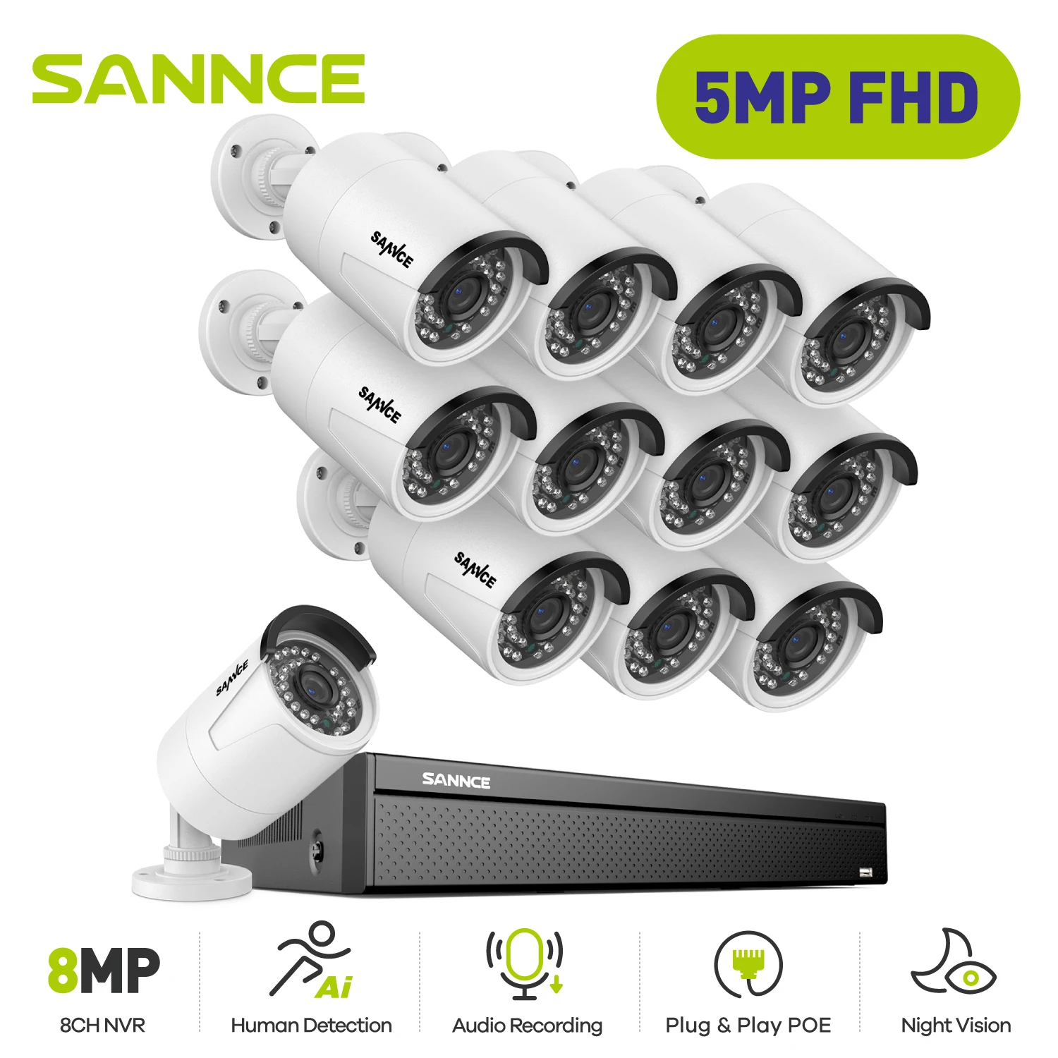 SANNCE 12× 5MP POE Security Camera System,Outdoor Night Vision Email Alert Home Video Surveillance Bullet Camera Remote Access