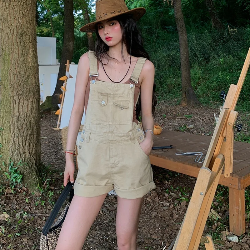 2024 Summer New Khaki Denim Jumpsuits For Women Fashion One Pieces Multi Pocket Cargo Suspenders Shorts Casual Female Clothing