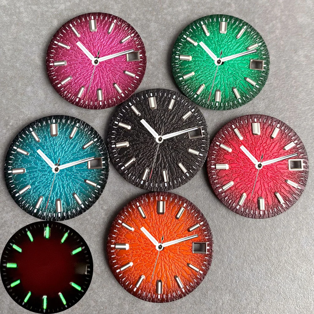 

Hot 29mm Sterile Textured Irregular Pattern Dial Stick Indexes Date Display Hand Fit for NH35 Mechanical Watch Parts Accessories