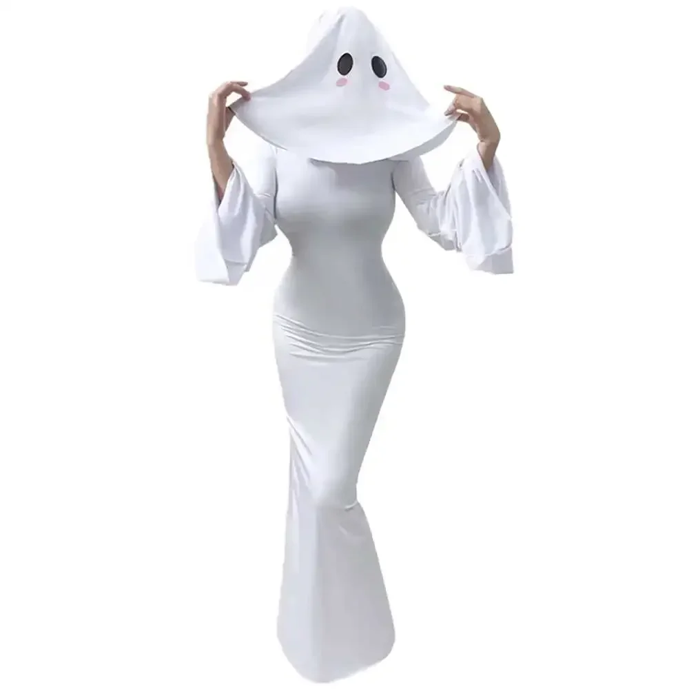 Anime Geister-Frauen-Cosplay-Kostüm Niedliches Geisterbraut-Kleid in Weiß Sexy Kleid mit Maske Halloween Karneval Party Eng Anliegendes Schwanzkleid – Detail 3