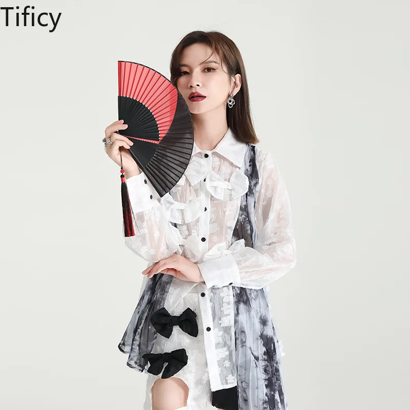 

TIFICY Pre-Fall 2023 Women's Design Sense Bow Stitched Lace Shirt Loose Pleated Breathable Sunscreen Clothing Blouses Tops