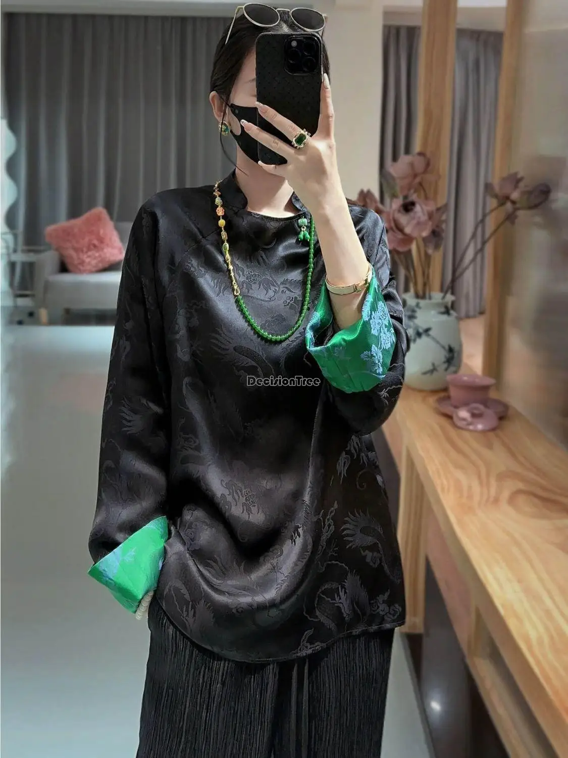 2024 chinese traditional blouse women vintage clothing women long sleeves cheongsam blouse floral lady daily black tangsuits top