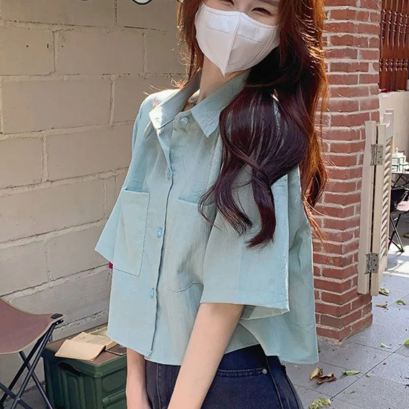 Summer Women's Short Sleeves Shirts All-Match Simple Loose Basic Casual Shirt Ladies Korean Single-Breasted Pockets Cropped Top