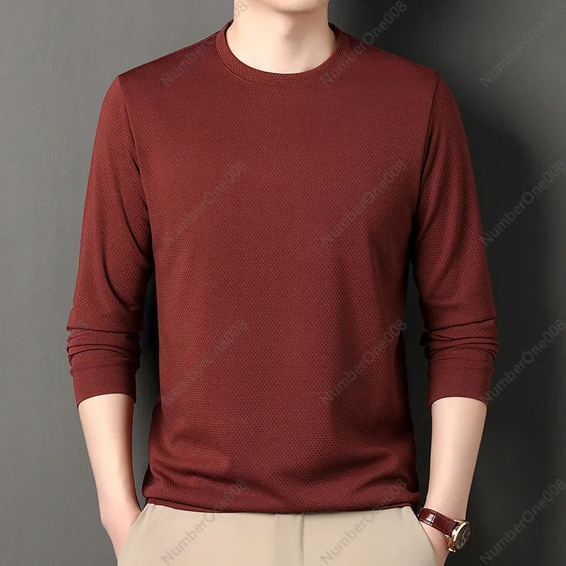 New Men's Crew Neck T-shirt Autumn Honeycomb Grid Long-sleeved T-shirt Middle-aged Casual Loose Solid Color Versatile Top