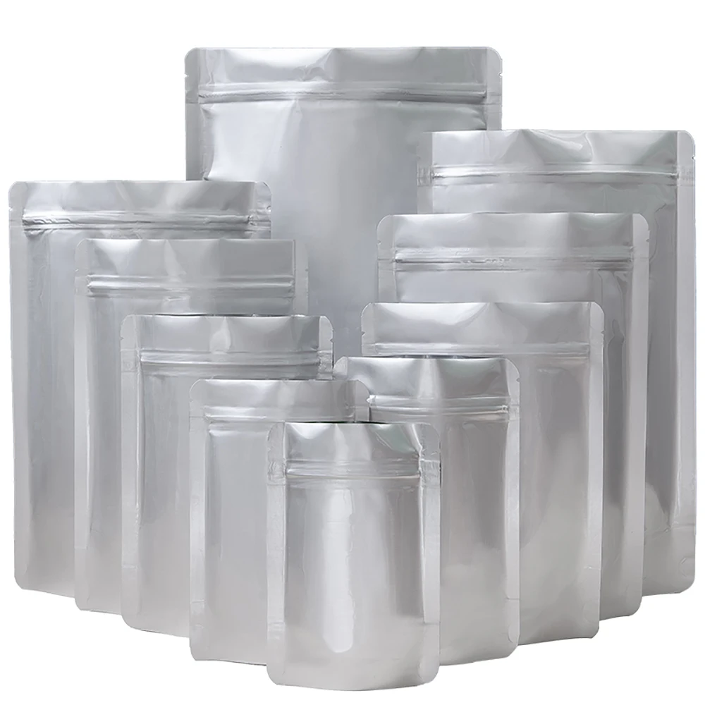 

50/100pcs pure aluminium foil thickened self-standing anti-odour food storage zip bags rice tea coffee beans zip packaging bags