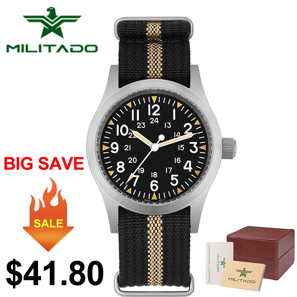 Militado ML05 38mm Military Field Watch VH31 Sweep Quartz Movement Domed Sapphire Crystal Waterproof 100M Super Luminous Watches