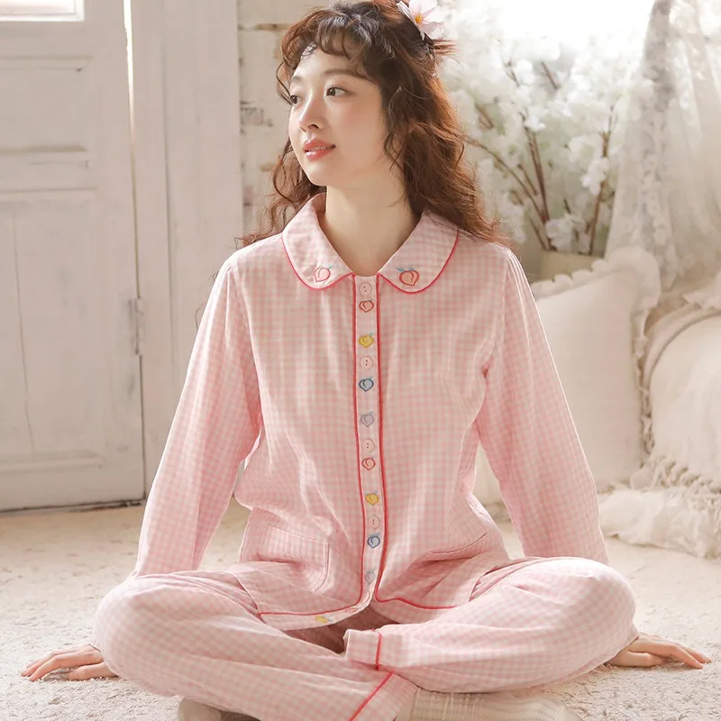 Ladies' Long-sleeved Gauze Set for Spring and Summer Simple Checkered Embroidered Pajamas, Japanese-style Sweet  Fresh Home Set.