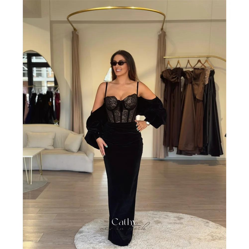 

Cathy Customized Sheath Black Puff Sleeve Prom Dress Spaghetti Strap vestidos de noiva Sweep Train Formal Evening Dresses 2025