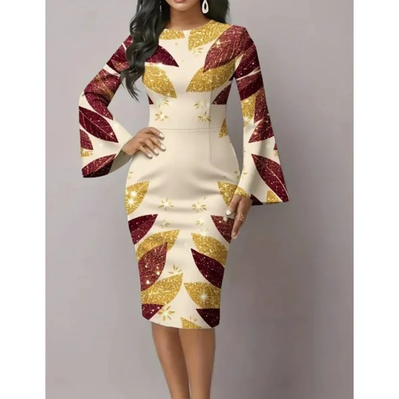 Women's Elegant Navy Blue Bell Sleeve Bodycon Dress High Waist Slim Fit Cocktail Party Dress for Evening, Wedding Guest