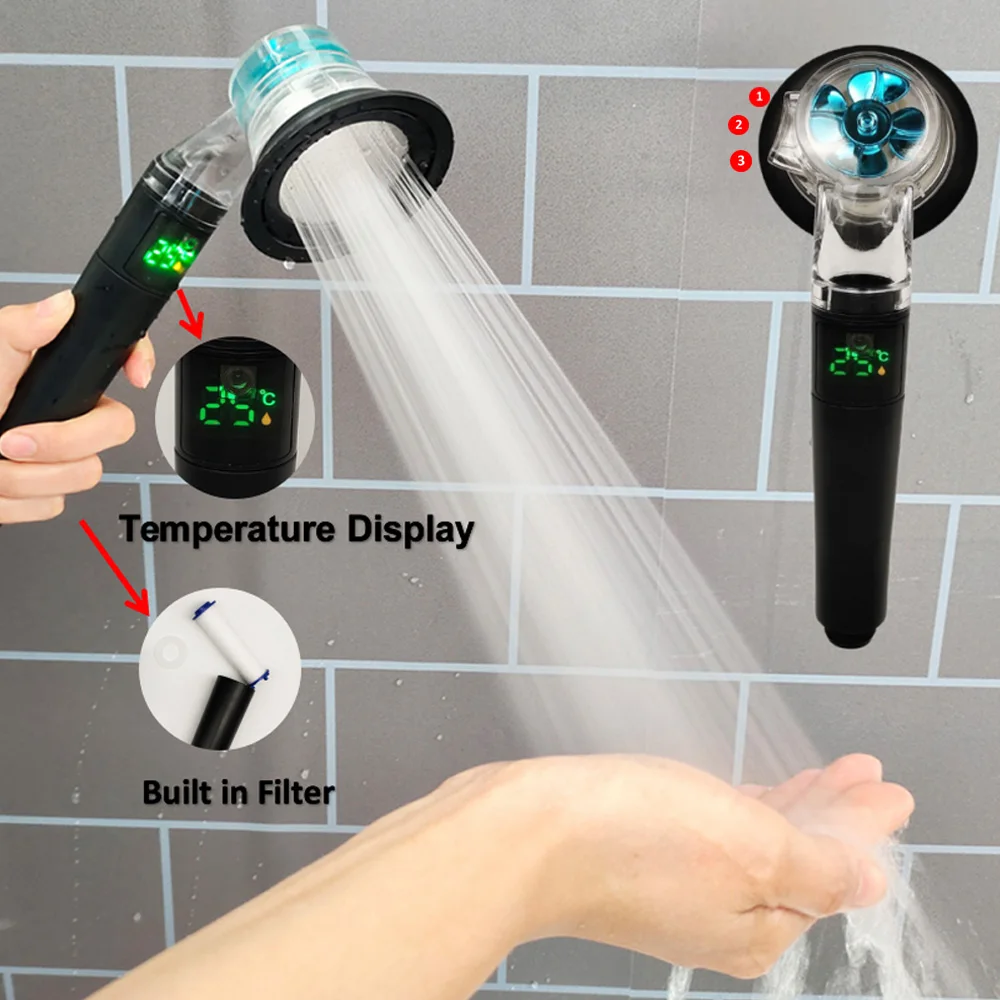 Temperature Digital Display Big Boost Showerhead Black 3 Modes High Pressure Water Saving Rainfall Filter Bathroom Shower Head