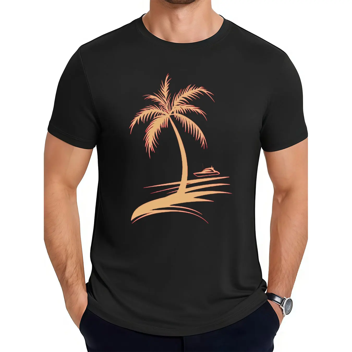 

Men's Cotton Round Neck Tee Palm Tree Boat Graphic Print Machine Washable Outdoor Christmas Gift