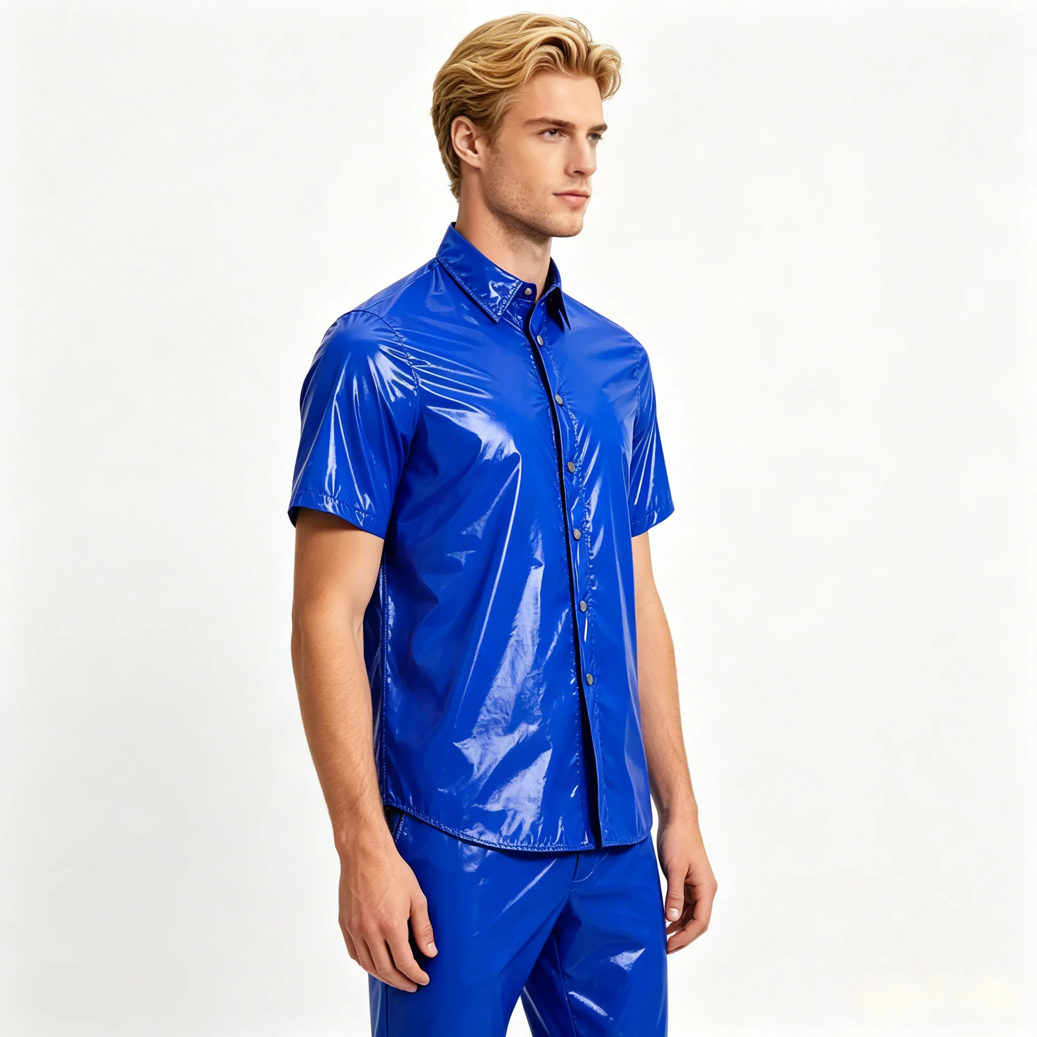 Wasserdichtes Herrenhemd, kurzärmelig, vorne mit Knöpfen, Wet-Look, Schwimm-T-Shirt, Bluse, Clubwear, Strandbekleidung, Regenmantel für Camping, Angeln