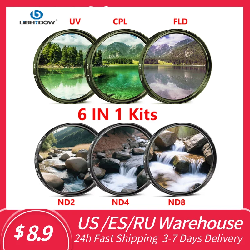 

Lightdow UV+CPL+FLD+ND2 ND4 ND8 6pcs Sets Camera Lens Filter 49 52 55 58 62 67 72 77 82mm for Cannon Nikon Sony Camera Lens