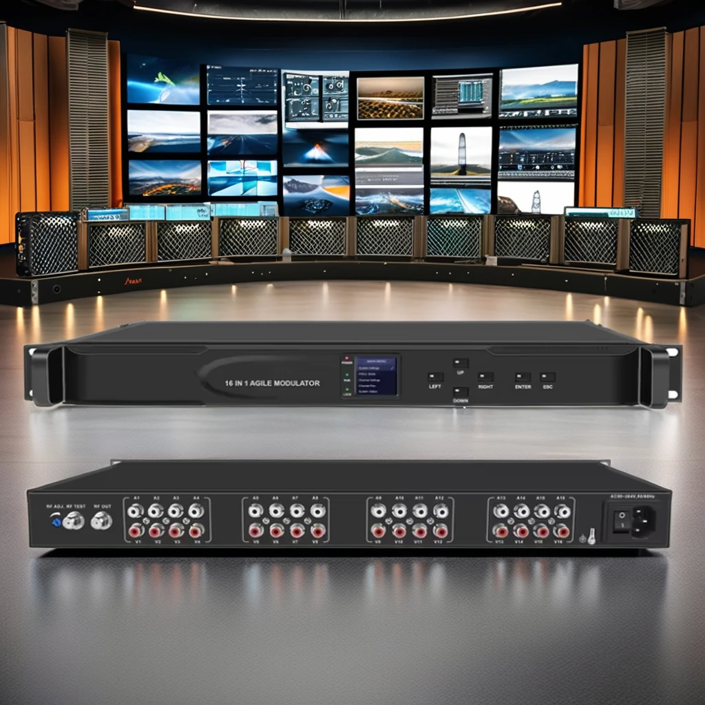 Modulator Analog 16-In-1 untuk penggunaan Hotel ubah 16 sinyal Video dan Audio ke Modulator gesit RF