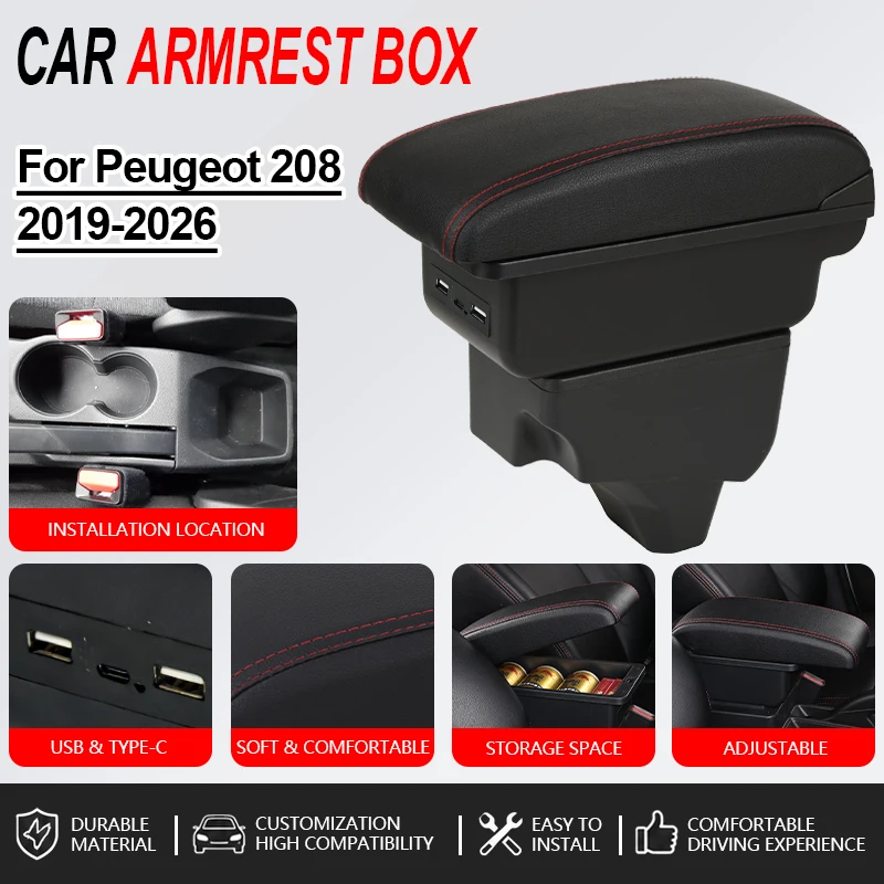 

Armrest For Peugeot 208 2019-2026 Car Console Black Armrest Storage Box with USB Interior Design Car Accessories