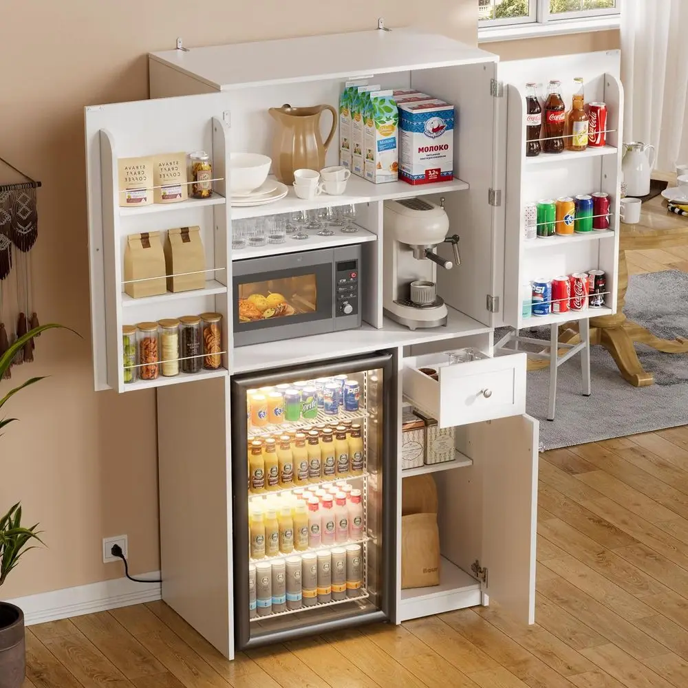 

White Storage Cabinet with Wine Bar and Mini Ridge, Perfect for Kitchen, Dining, and Living Spaces