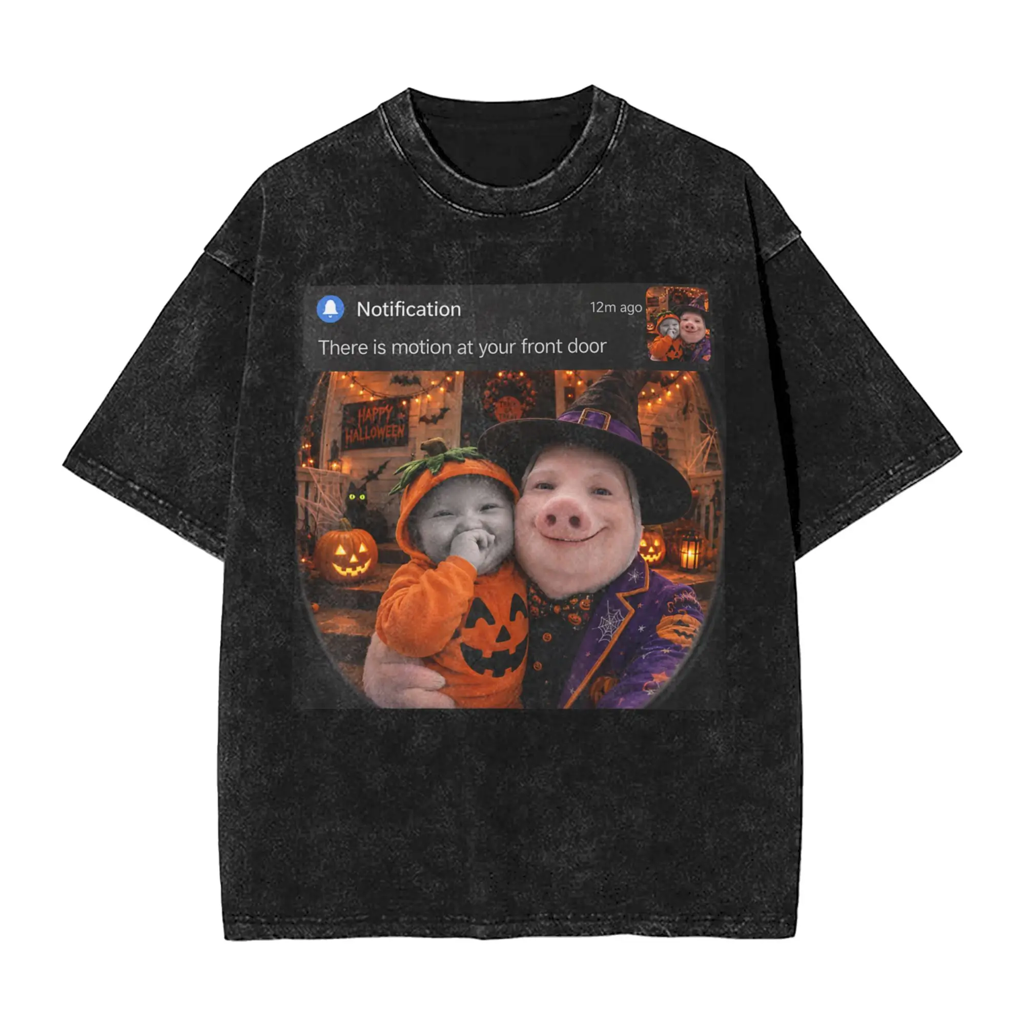 Vintage Washed T-Shirt John Pork Holding Niche AI Baby Funny Halloween Motion Meme Cotton T-Shirts Trending Tshirt for Man
