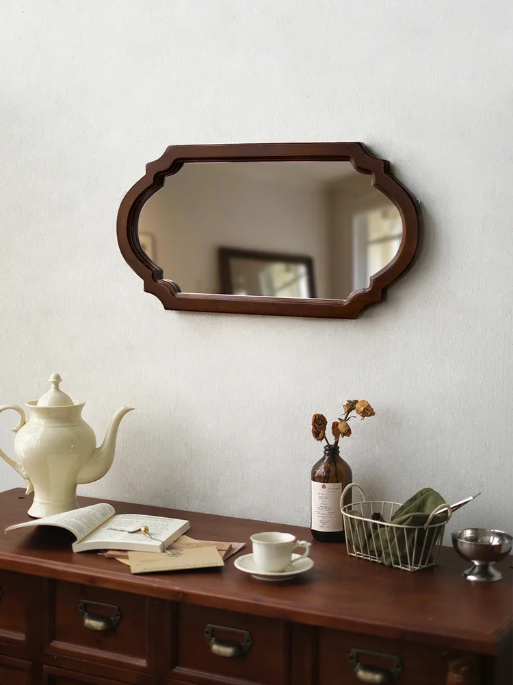 Vintage decorative mirror French solid wood entrance bathroom medieval living room wall wall bathroom medieval