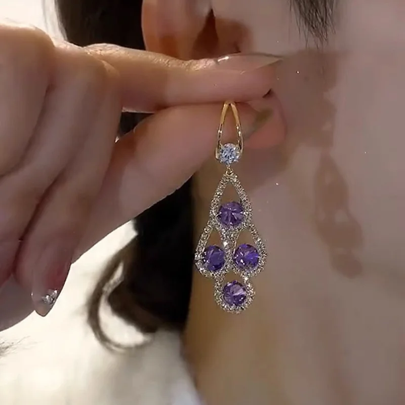 Purple Crystal Water Drop Long Tassel Earrings Women Design Sparkling Prom Accessories Party Jewelry Birthday Anniversary Gifts