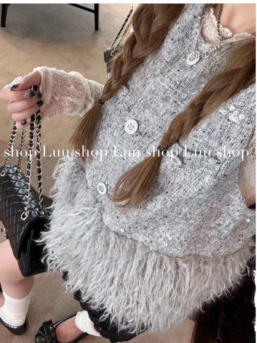 

Свободный тонкий универсальный однобортный жилет в стиле ретро для девочек в стиле пэчворк с блестками и круглым вырезом, женский корейский модный жилет