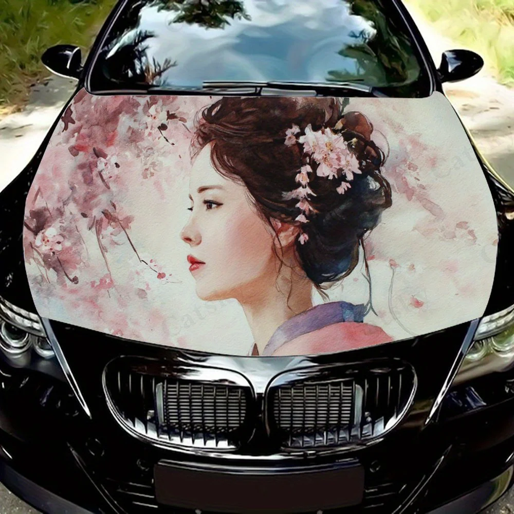 

Charming Oriental Decor Kimono Woman with Floral Hair Car Hood Sticker PVC Self Waterproof stick, Striking Auto Exterior Accesso