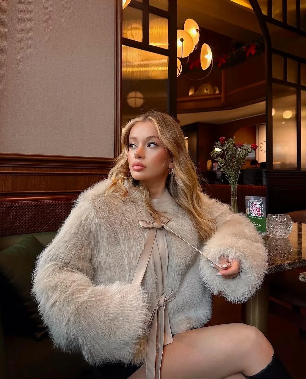 Feminino elegante arco rendas até casaco de pele do falso casual manga cheia em torno do pescoço solto curto outerwears senhora inverno jaqueta de deslocamento diário