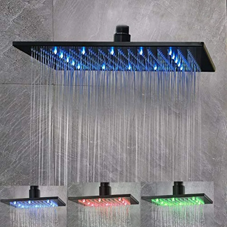 Soffione doccia quadrato a LED da 16 pollici di ricambio con sfera girevole per bagni moderni Finitura in bronzo lucidato a olio Flusso d'acqua regolabile