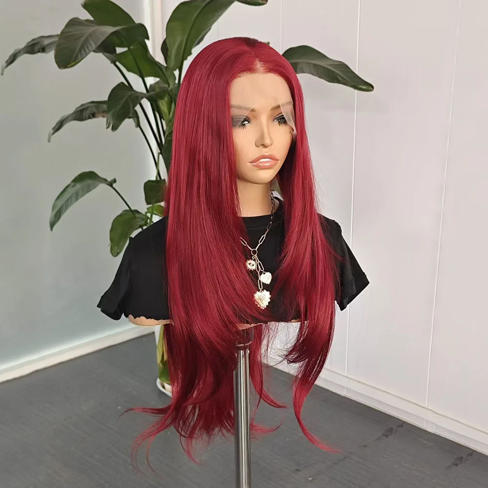 Burgundy Layered Hair Synthetic Wig Middle Part Natural Wave Layered Cut Lace Front Wigs Women Daily Makeup Use Wine Red Hair