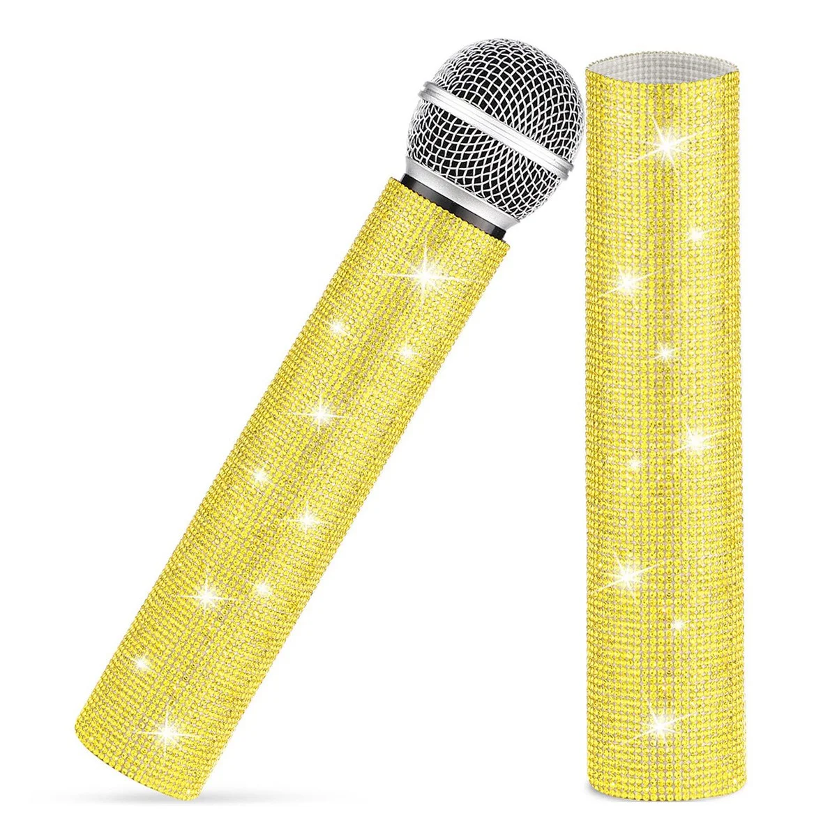Sparkly Mic Handle Capa para Festa e TV Show, Bling, Strass, apto para a maioria dos microfones sem fio, ouro