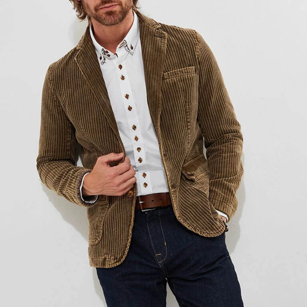 New Mens High Quality Jacket Corduroy Solid Color Striped Jacket Autumn Business Casual Middle-Aged European And American Jacket