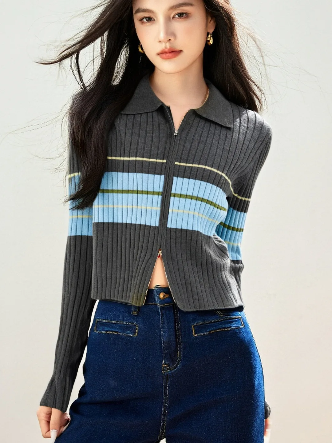 

Женский вязаный кардиган в полоску с длинными рукавами, на двойной молнии, стандартный крой, осенне-зимняя мода