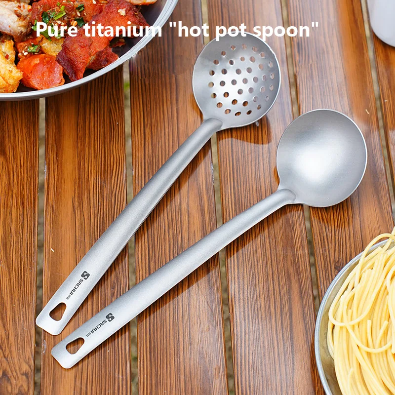 Louche à soupe en titane à Long manche, Kits d'écumoire, cuillère fendue, passoire à aliments, passoire de service, Pot chaud, vaisselle légère