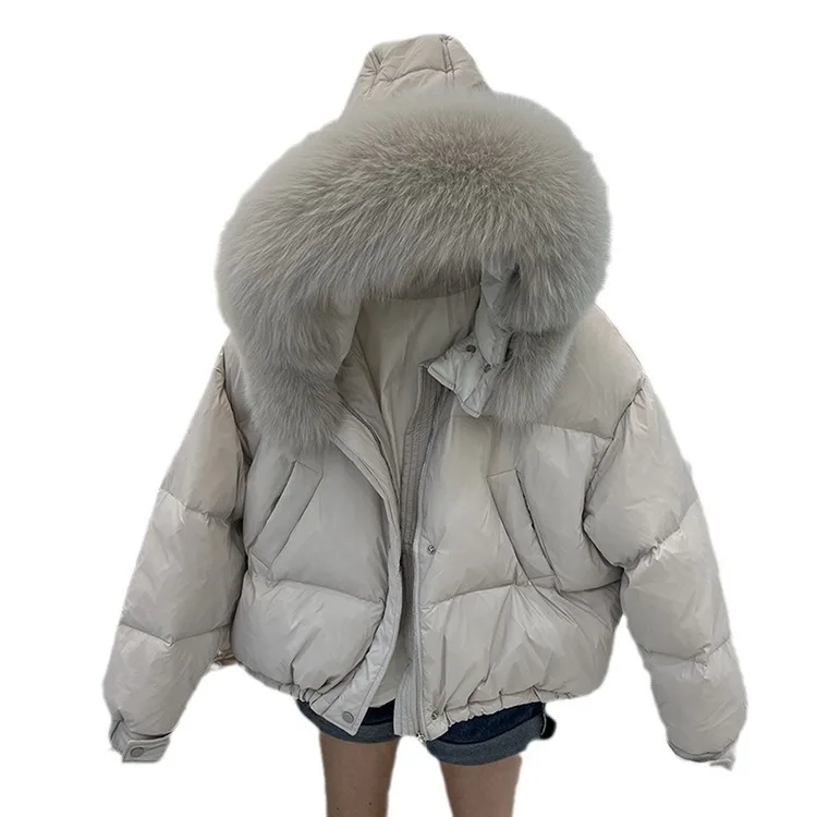 Korean short down jacket with real fox fur collar 2024 new fashionable loose winter thick white duck down jacket