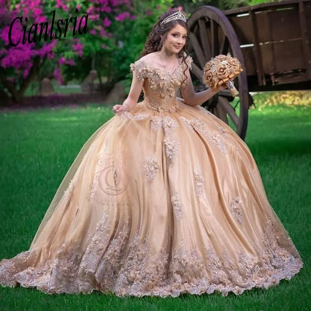 Champagne Lace Quinceanera Dresses Ball Gown Plus Size Off Shoulder Masquerade Mexican 15 Year Old Sixteen Sweet 16 Prom Dress