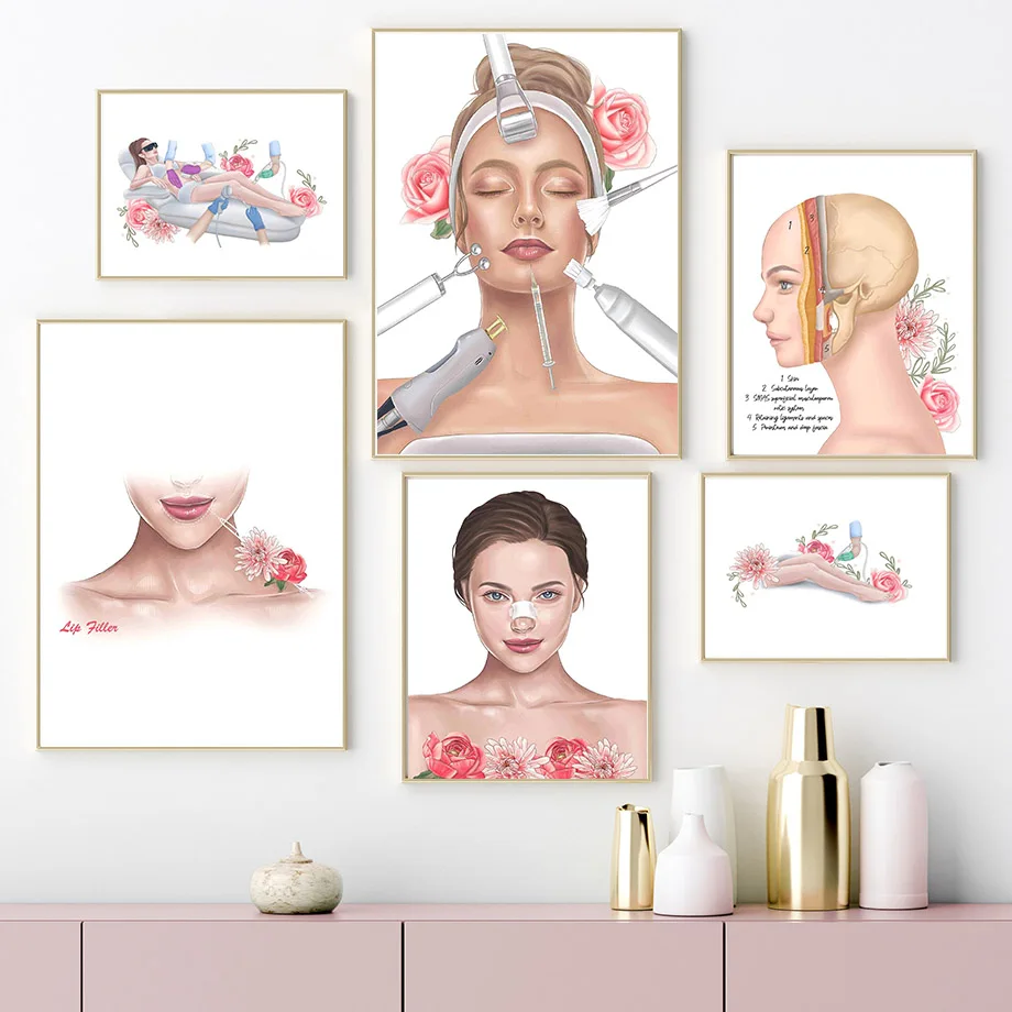 Nordic Wall Art Print for Beauty Salon, esteticista, mulher Faciais cartaz, pintura da lona, Girl Room Decor, imagens, médico, Spa