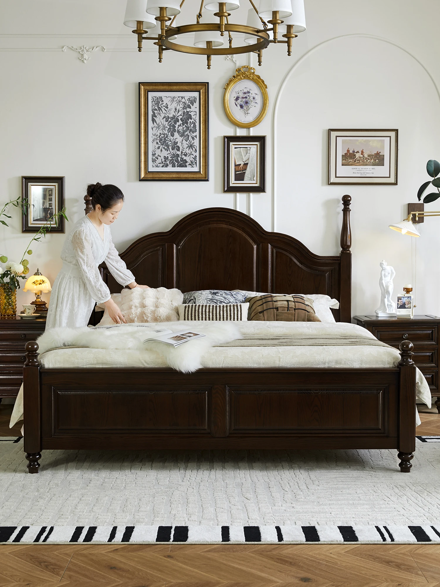 LTT American all-solid wood master bedroom bed light luxury rural pastoral retro double bed storage