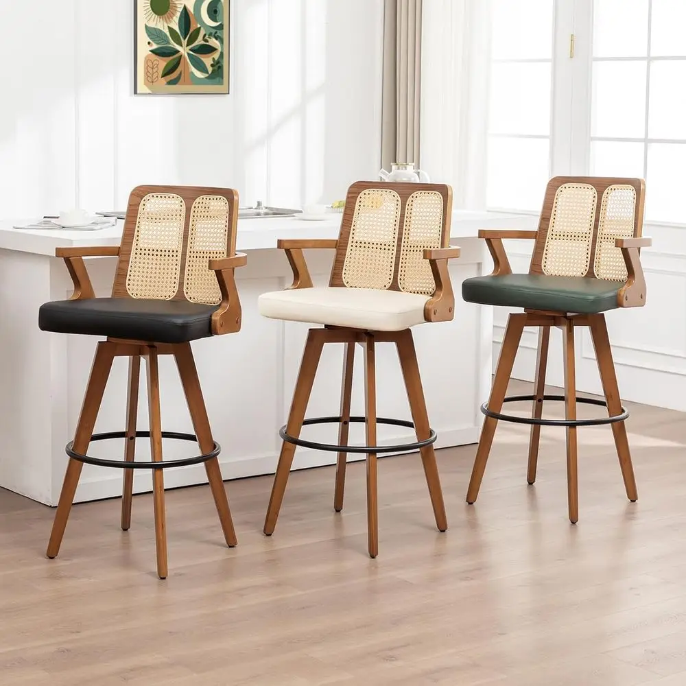 Juego de 2 taburetes de bar giratorios del siglo 30 con respaldos curvos, brazos, estructura de nogal, asientos de cuero beige, estilo ratán para cocina/Islan