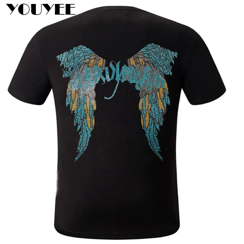 

Men Trendy Streetwear T-Shirt Wing Designer Hot Diamond Round Neck Casual Cotton Tops Male Clothing 2023 New Style Large Size