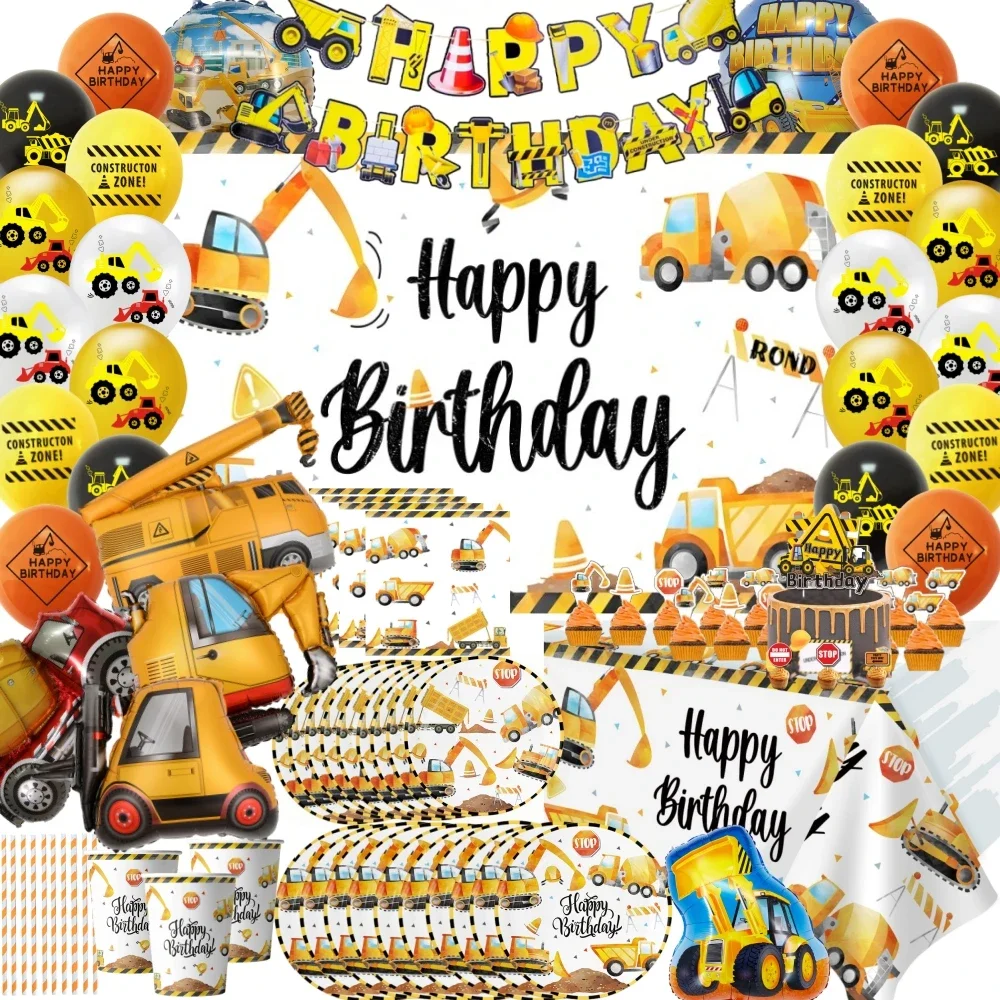 Construction Birthday Party Decorations Engineering Vehicle Theme Plate Balloon Banner For Baby Shower Kids Boy Party Supplies