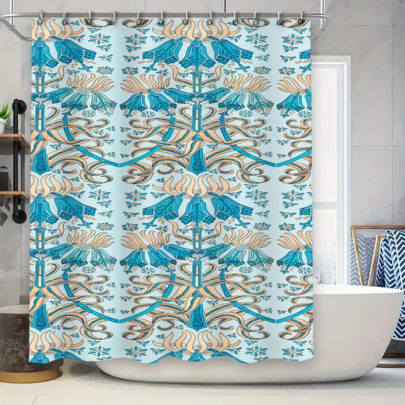 

Роскошная синяя занавеска для душа с цветочным принтом, водонепроницаемый декор для ванны для украшения дома, аксессуары для ванной комнаты, удлиненный размер (180x240 см)