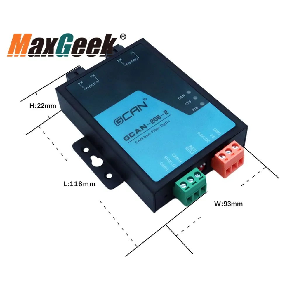 Maxgeek GCAN-208-2C-F Single-Mode Dual-Core Fiber Optic to CAN Bus Module 9-36VDC CAN Fiber Optic Repeater Adapter