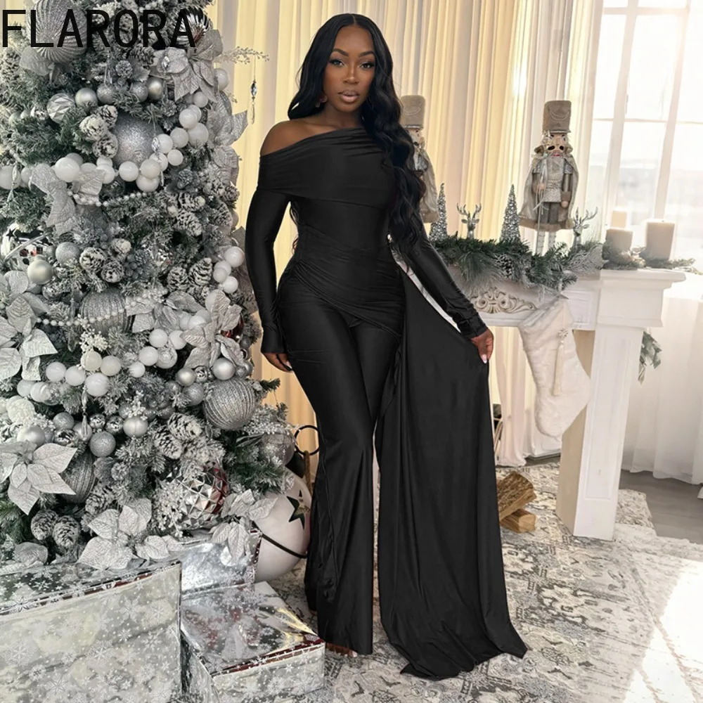 จั๊มพ์สูท FLARORA ดีไซน์หรูหรา แต่งผ้าริบบิ้น ตัดเย็บแบบแพทช์เวิร์ค สำหรับผู้หญิง สไตล์เก๋ไก๋ ไหล่เฉียง จับจีบ กระชับรูปร่าง เหมาะสำหรับงานเลี้ยง ออกงาน หรือกิจกรรมต่างๆ