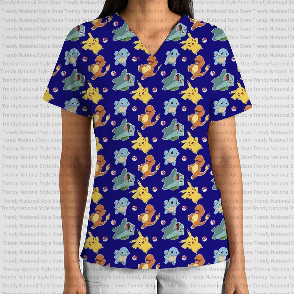 Summer Pokémon Print Pet Shop Clothing Fashionable Commuter Surgical Gown Top Women's Medical Surgical Gown V-neck T-shirt view 5
