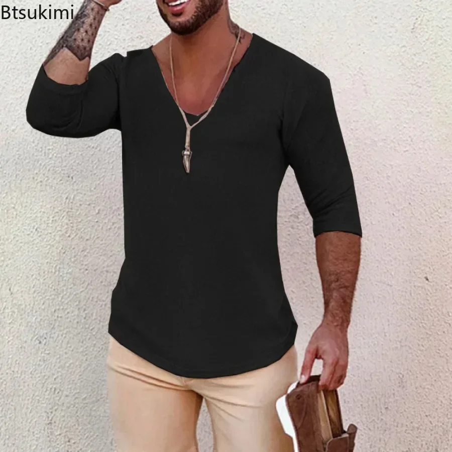 2025 Suéteres de punto de manga larga informales para hombre, ropa de estilo fino para primavera y otoño, jersey de punto con cuello en V sólido,