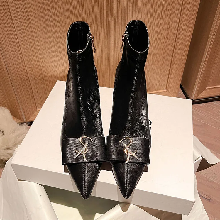 Black Stretch Fabric Women Short Boots Pointed Toe Autumn Prom Party Botas Metal Decor Side Zipper Formal Pumps Iron High Heels