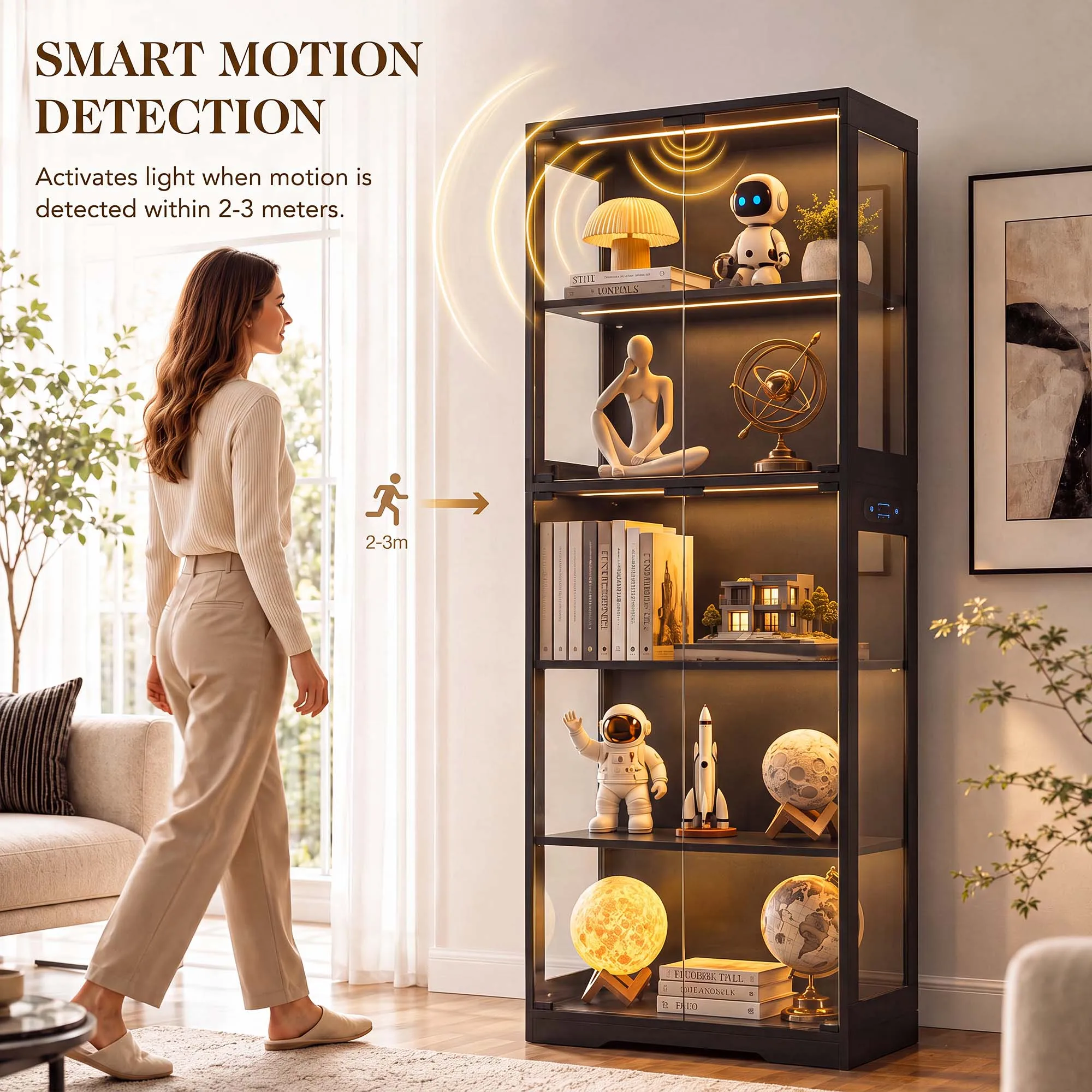 TCGBKAF 5‑Tier Display Cabinet with Glass Doors Motion Sensor Dimmable LED Lights Wooden Frame Display Storage Cabinet for Collectible Figures Living Room Bedroom Office Home Furniture view 5