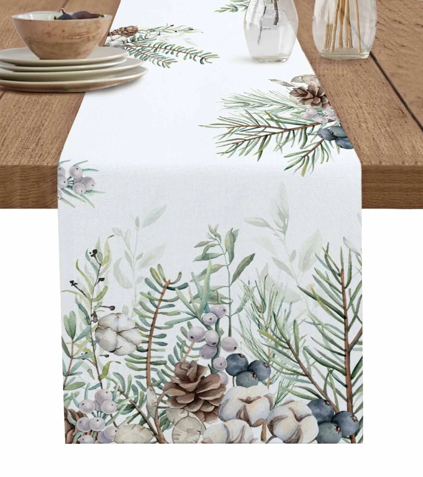 Winter Pine Leaves Blue Berries Wedding Party Events Dining Room Kitchen Table Decoration Hotel Home Tablecloth